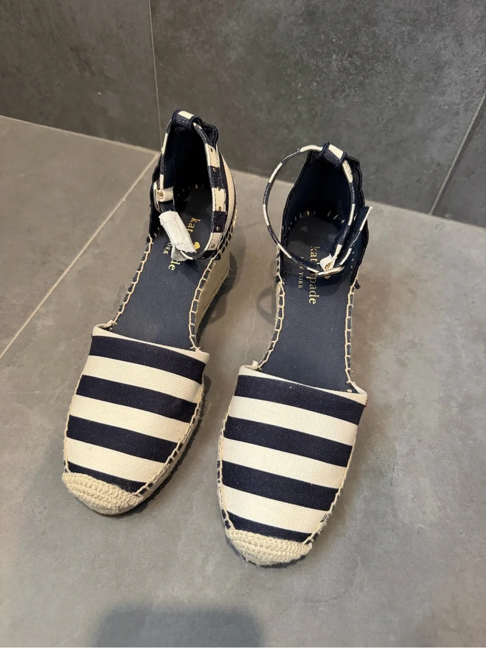kate spade Navy and White Striped Espadrille Wedge with Ankle Strap